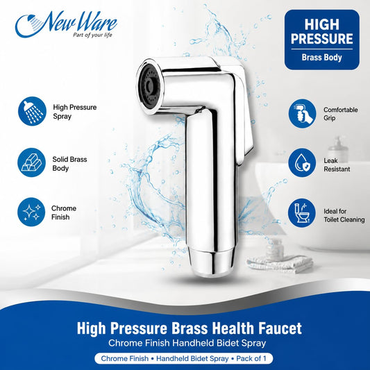 New Ware High Pressure Brass Health Faucet Jet Spray for Bathroom & Toilet, Chrome Finish Handheld Bidet Shower Gun, Leak Proof Hygienic Toilet Spray, Heavy Duty Bathroom Accessory, Pack of 1