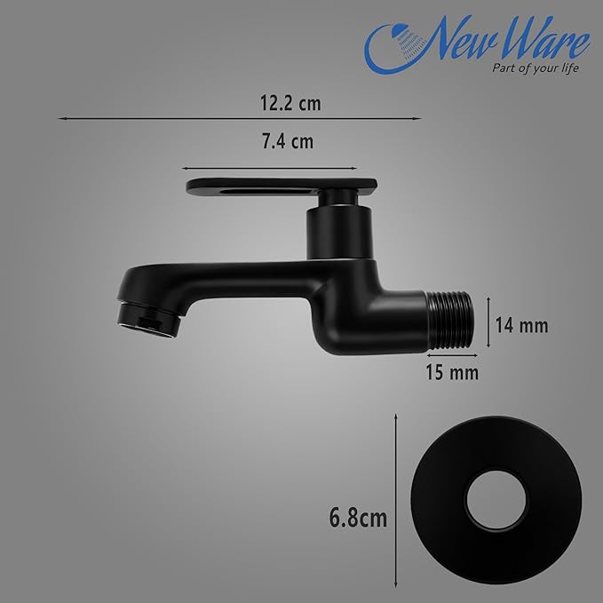 New Ware® Brass Bib Cock Tap Matte Black 5.5 Inch | Wall Mount Faucet with Flange | Bathroom Kitchen Sink Water Tap