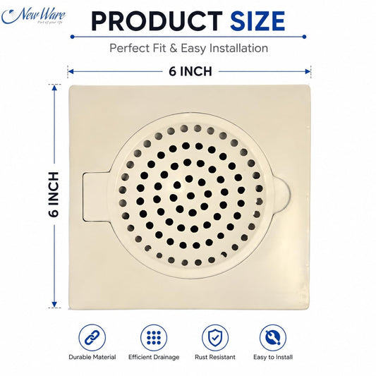 NEW WARE 6x6 Inch Square Plastic Floor Drain Strainer with Lid Ivory Jali for Bathroom Kitchen Water Drain Outlet Anti Clog Waste Drain Cover Lightweight Durable Floor Trap Cover Use Home Utility