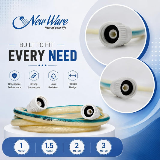 NEW WARE® 2 Meter Connection Pipe | Geyser, Wash Basin & Flush Tank Connector Hose | Flexible Plumbing Water Supply Pipe for Bathroom & Home Use | Water Line Fitting for Faucet | Pack of 2