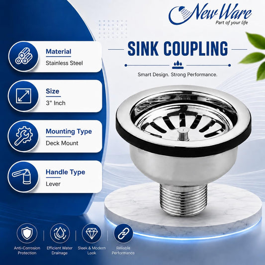 NEW WARE® 3 Inch CP Sink Coupling | Chrome Finish Kitchen Sink Drainer Strainer & Basin Drain Outlet Cup | Waste Water Drain Fitting for Kitchen & Wash Basin | Durable Plumbing Accessory for Home Use