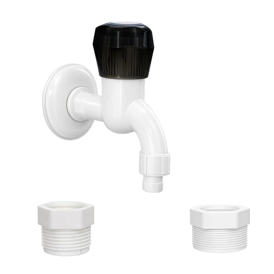 NEW WARE Plastic Washing Machine Tap with 2 Interchangeable Nozzle Connectors | Wall Mounted PVC Water Tap for Washing Machine Inlet Hose | Leak Resistant Utility Bib Cock with Wall Flange
