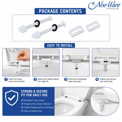 New Ware Toilet Seat Cover Screw Hinges Set Lara Type, 40 mm White WC Seat Hinge Replacement Kit with Stainless Steel Screws, Heavy Duty Toilet Seat Fixing Hardware for Western Commode, Pack of 1
