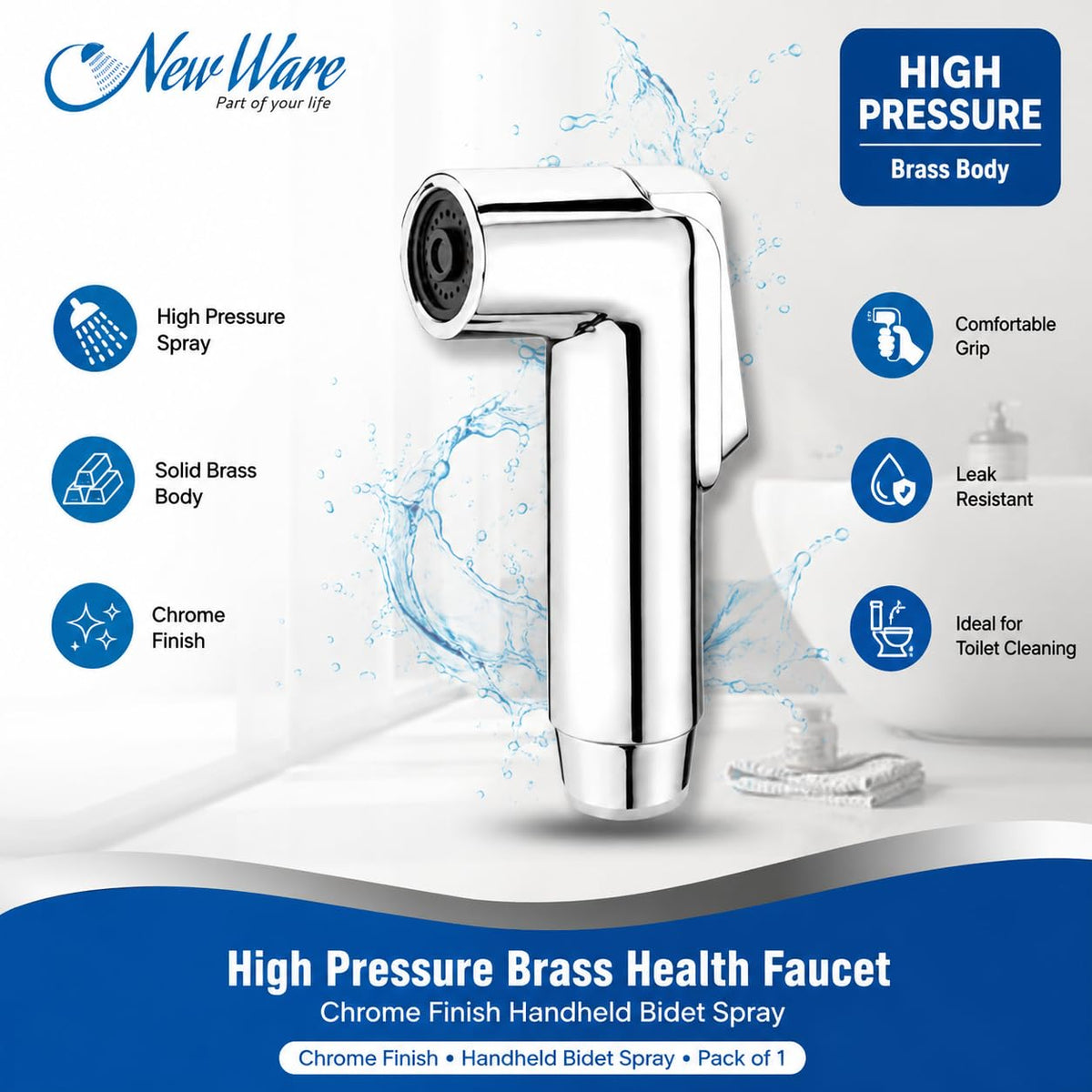 New Ware High Pressure Brass Health Faucet Jet Spray for Bathroom & Toilet, Chrome Finish Handheld Bidet Shower Gun, Leak Proof Hygienic Toilet Spray, Heavy Duty Bathroom Accessory, Pack of 1