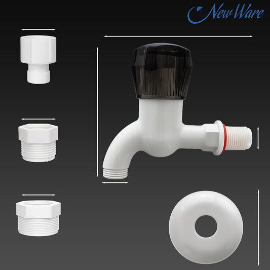 NEW WARE Plastic Washing Machine Tap with 2 Interchangeable Nozzle Connectors | Wall Mounted PVC Water Tap for Washing Machine Inlet Hose | Leak Resistant Utility Bib Cock with Wall Flange