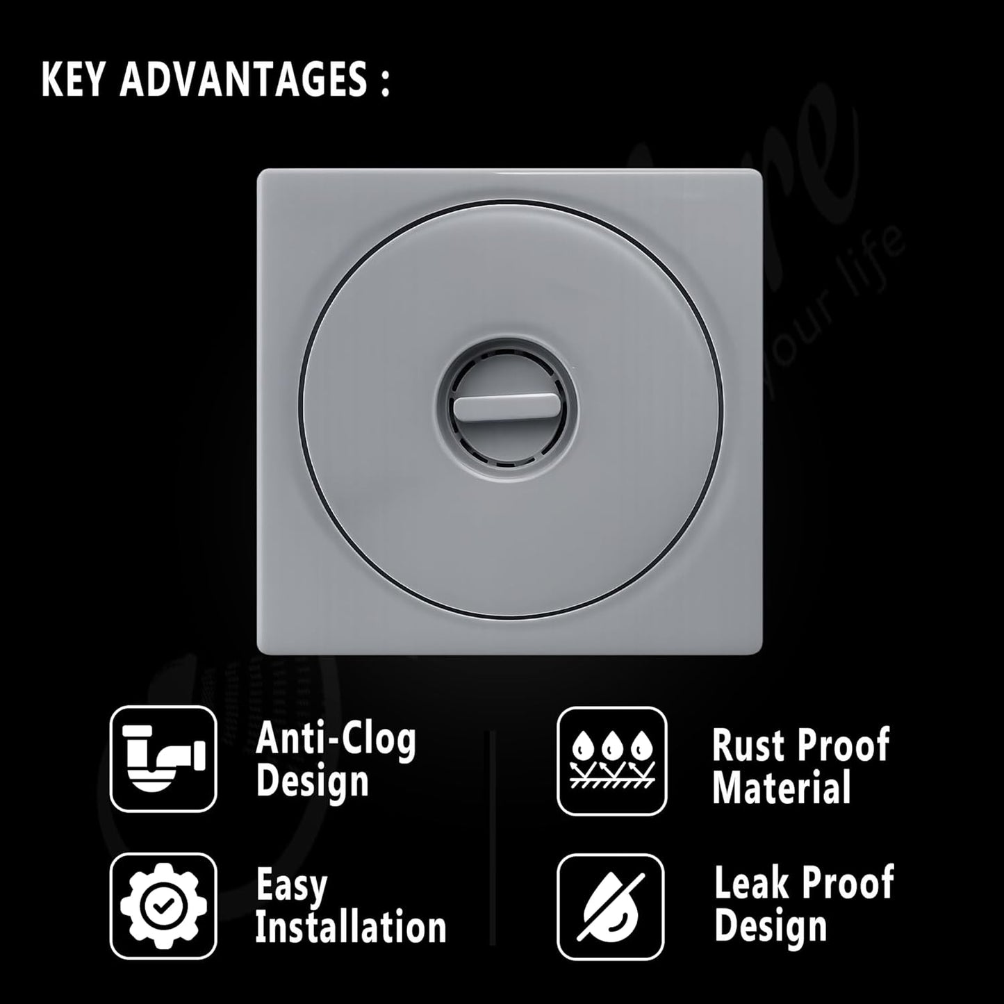 NEW WARE® Square Floor Drain Cover 6x6 Inch PVC – Bathroom Drain Jali, Anti-Clog Strainer Grating for Shower, Kitchen & Balcony Waste Water (Grey Color)