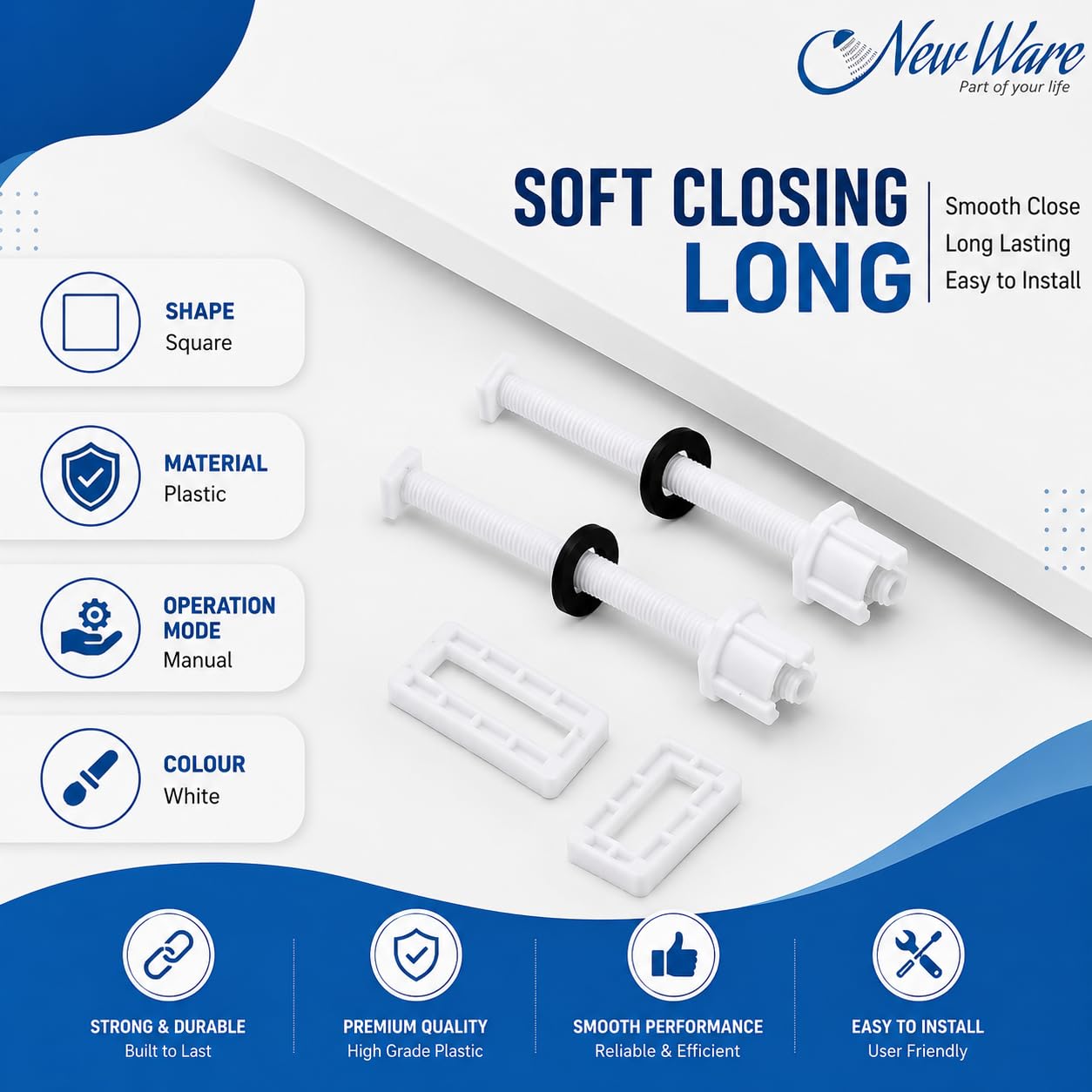 New Ware Toilet Seat Cover Screw Hinges Set Lara Type, 40 mm White WC Seat Hinge Replacement Kit with Stainless Steel Screws, Heavy Duty Toilet Seat Fixing Hardware for Western Commode, Pack of 1