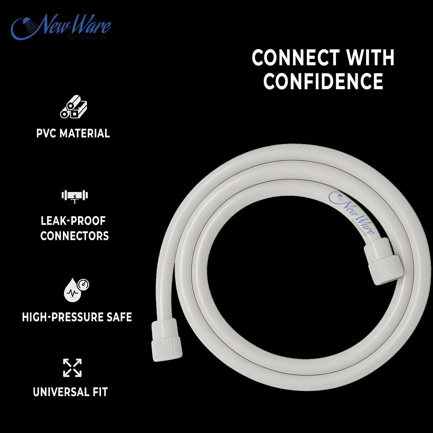 New Ware Shower Tube Connection Pipe for Geysers, Countertop Faucets & Water Taps | PTMT Hot Water Resistant 70°C | White | 2 Meter