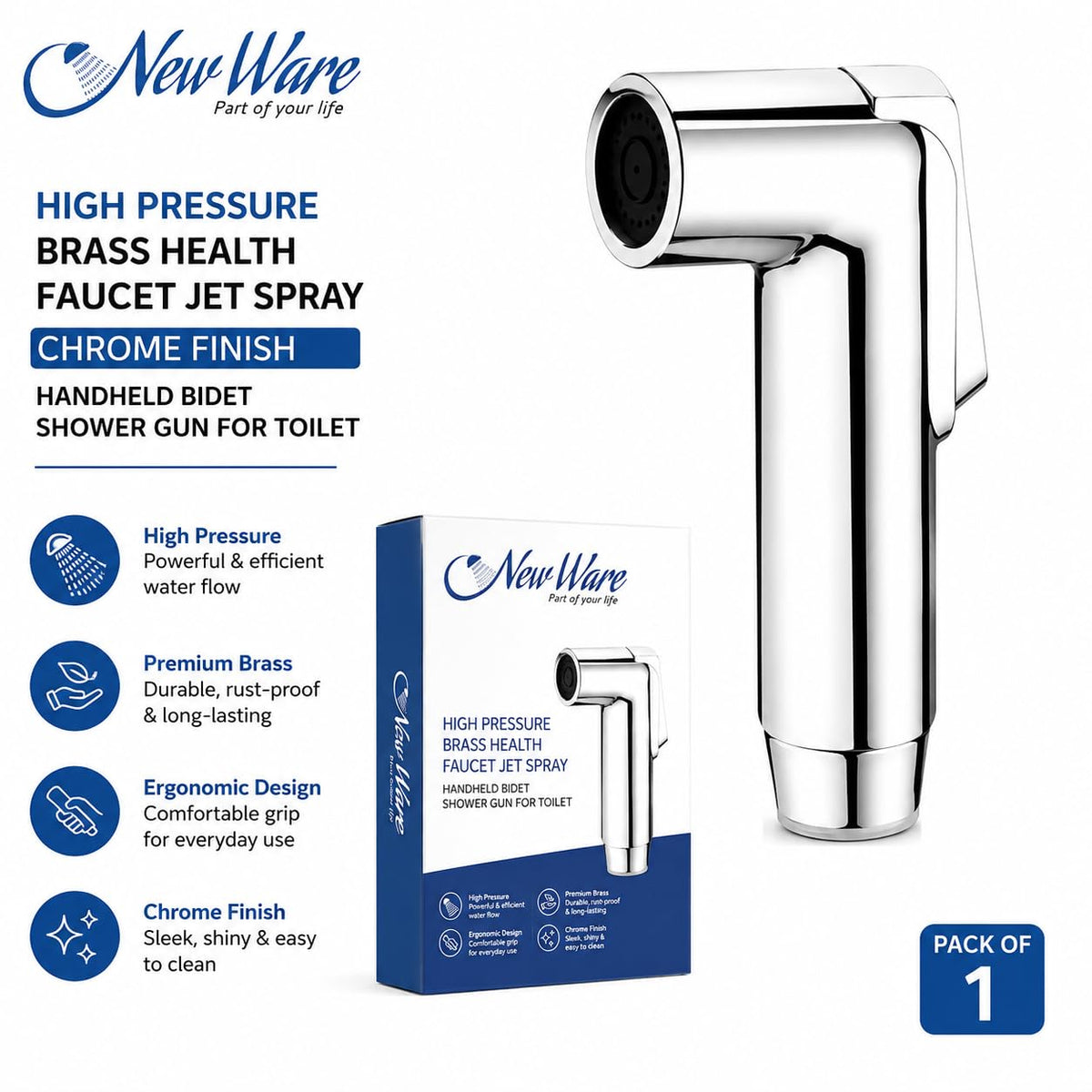 New Ware High Pressure Brass Health Faucet Jet Spray for Bathroom & Toilet, Chrome Finish Handheld Bidet Shower Gun, Leak Proof Hygienic Toilet Spray, Heavy Duty Bathroom Accessory, Pack of 1