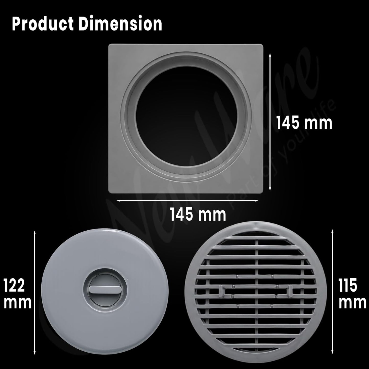 NEW WARE® Square Floor Drain Cover 6x6 Inch PVC – Bathroom Drain Jali, Anti-Clog Strainer Grating for Shower, Kitchen & Balcony Waste Water (Grey Color)