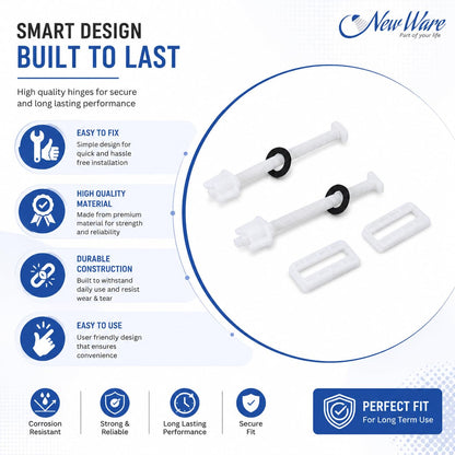New Ware Toilet Seat Cover Screw Hinges Set Lara Type, 40 mm White WC Seat Hinge Replacement Kit with Stainless Steel Screws, Heavy Duty Toilet Seat Fixing Hardware for Western Commode, Pack of 1