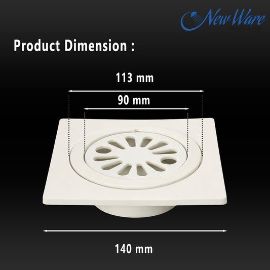New Ware Square Plastic Shower Floor Drain Strainer 6x6 Inch with Lid Bathroom Kitchen Drain Cover Hair Catcher Debris Filter Anti Clog Jali White Heavy Duty Durable Waste Water Outlet Cover