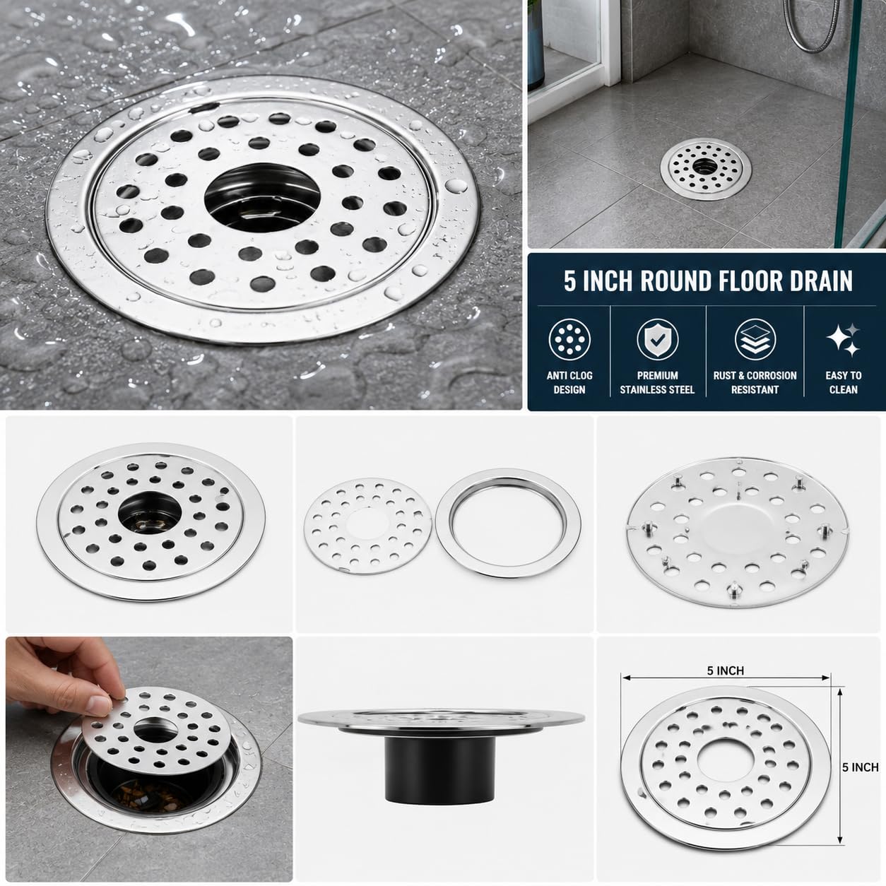 NEW WARE® 5 Inch Round Stainless Steel Floor Drain with Central Hole & Lock | Heavy Duty Anti Clog Chrome Finish SS Drain Jali for Bathroom, Kitchen, Balcony, Utility, Terrace & Outdoor Drain Cover