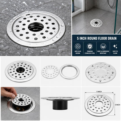 NEW WARE® 5 Inch Round Stainless Steel Floor Drain with Central Hole & Lock | Heavy Duty Anti Clog Chrome Finish SS Drain Jali for Bathroom, Kitchen, Balcony, Utility, Terrace & Outdoor Drain Cover