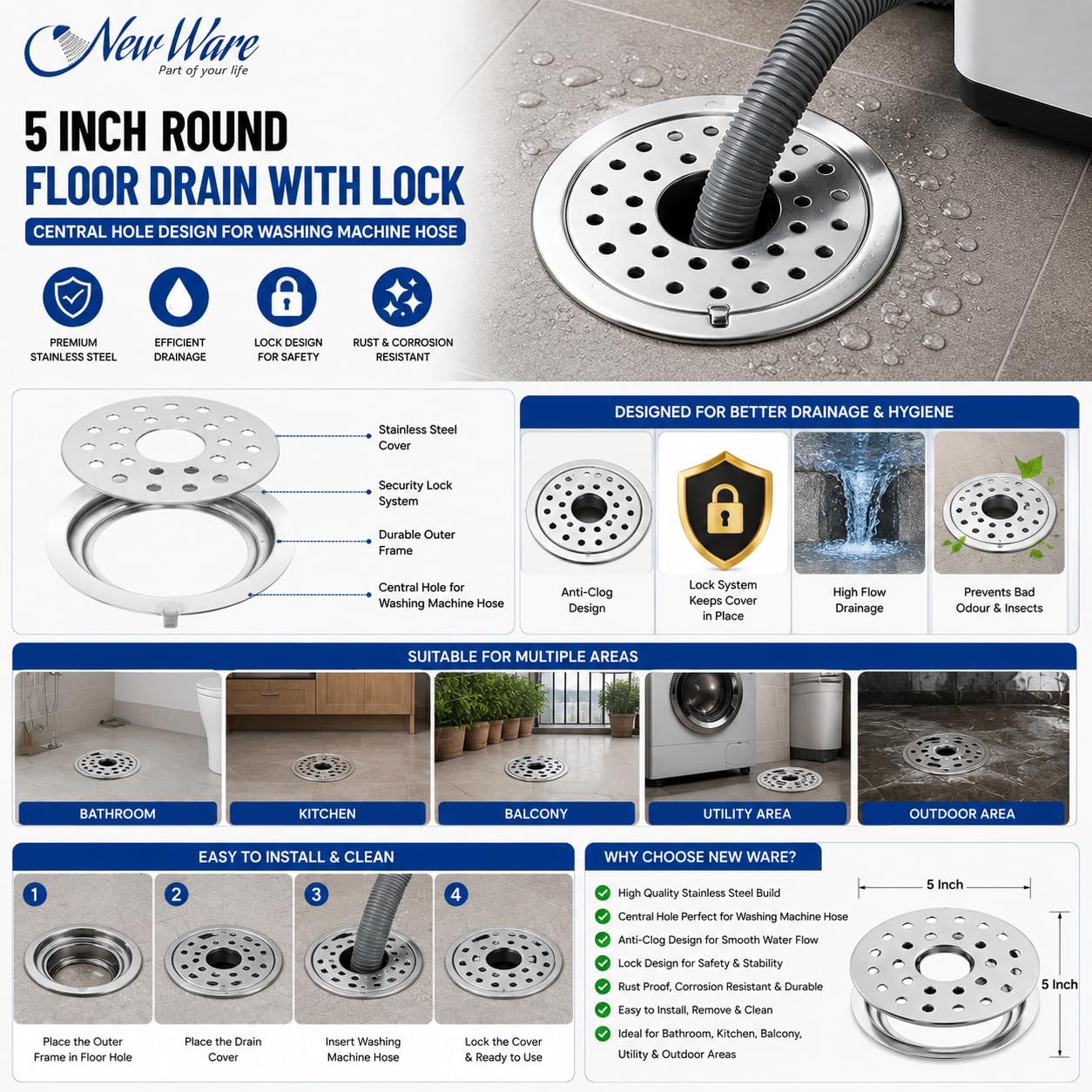 NEW WARE® 5 Inch Round Stainless Steel Floor Drain with Central Hole & Lock | Heavy Duty Anti Clog Chrome Finish SS Drain Jali for Bathroom, Kitchen, Balcony, Utility, Terrace & Outdoor Drain Cover
