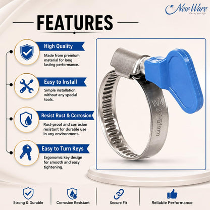 NEW WARE Stainless Steel Hose Clamp 1/2 Inch Adjustable Pipe Clamp with Key Heavy Duty Rust Proof Fastener for Plumbing Automotive Mechanical Use Strong Grip Hose Clip Pack of 6 Pieces Set Durable