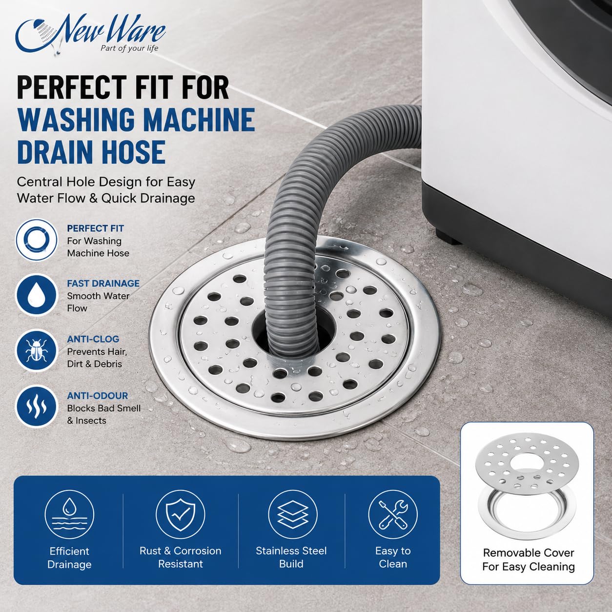 NEW WARE® 5 Inch Round Stainless Steel Floor Drain with Central Hole & Lock | Heavy Duty Anti Clog Chrome Finish SS Drain Jali for Bathroom, Kitchen, Balcony, Utility, Terrace & Outdoor Drain Cover
