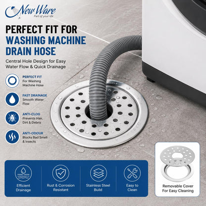 NEW WARE® 5 Inch Round Stainless Steel Floor Drain with Central Hole & Lock | Heavy Duty Anti Clog Chrome Finish SS Drain Jali for Bathroom, Kitchen, Balcony, Utility, Terrace & Outdoor Drain Cover