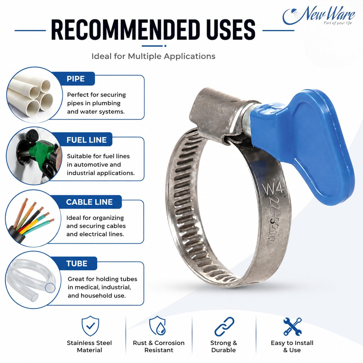 NEW WARE Stainless Steel Hose Clamp 1/2 Inch Adjustable Pipe Clamp with Key Heavy Duty Rust Proof Fastener for Plumbing Automotive Mechanical Use Strong Grip Hose Clip Pack of 6 Pieces Set Durable