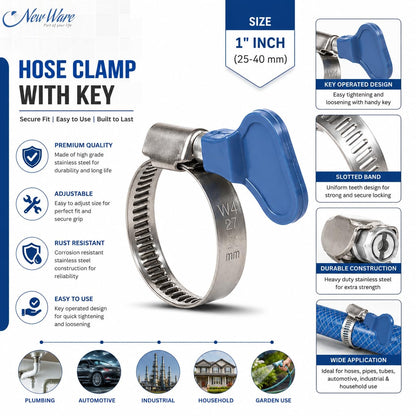 NEW WARE Stainless Steel Hose Clamp 1/2 Inch Adjustable Pipe Clamp with Key Heavy Duty Rust Proof Fastener for Plumbing Automotive Mechanical Use Strong Grip Hose Clip Pack of 6 Pieces Set Durable
