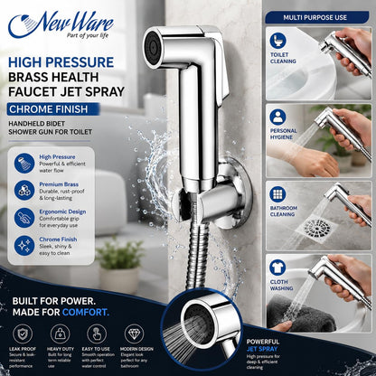 New Ware High Pressure Brass Health Faucet Jet Spray for Bathroom & Toilet, Chrome Finish Handheld Bidet Shower Gun, Leak Proof Hygienic Toilet Spray, Heavy Duty Bathroom Accessory, Pack of 1