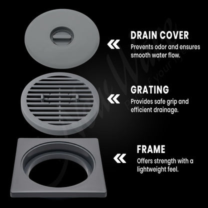 NEW WARE® Square Floor Drain Cover 6x6 Inch PVC – Bathroom Drain Jali, Anti-Clog Strainer Grating for Shower, Kitchen & Balcony Waste Water (Grey Color)