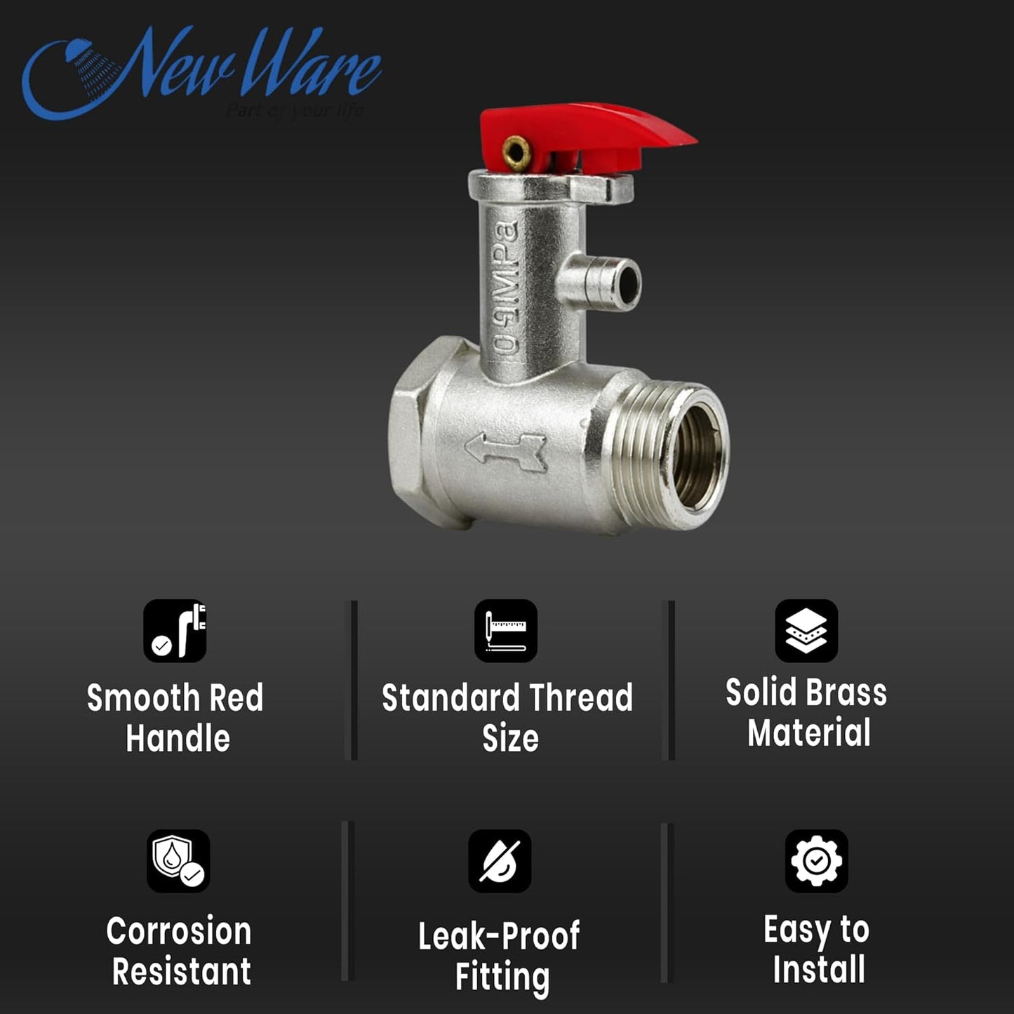 NEW WARE® Electric Water Heater Pressure Relief Check Safety Device 0.9 MPa | Brass Geyser Inlet Pressure Release 1/2 Inch | Non Return Plumbing Fitting for Storage & Instant Water Heater