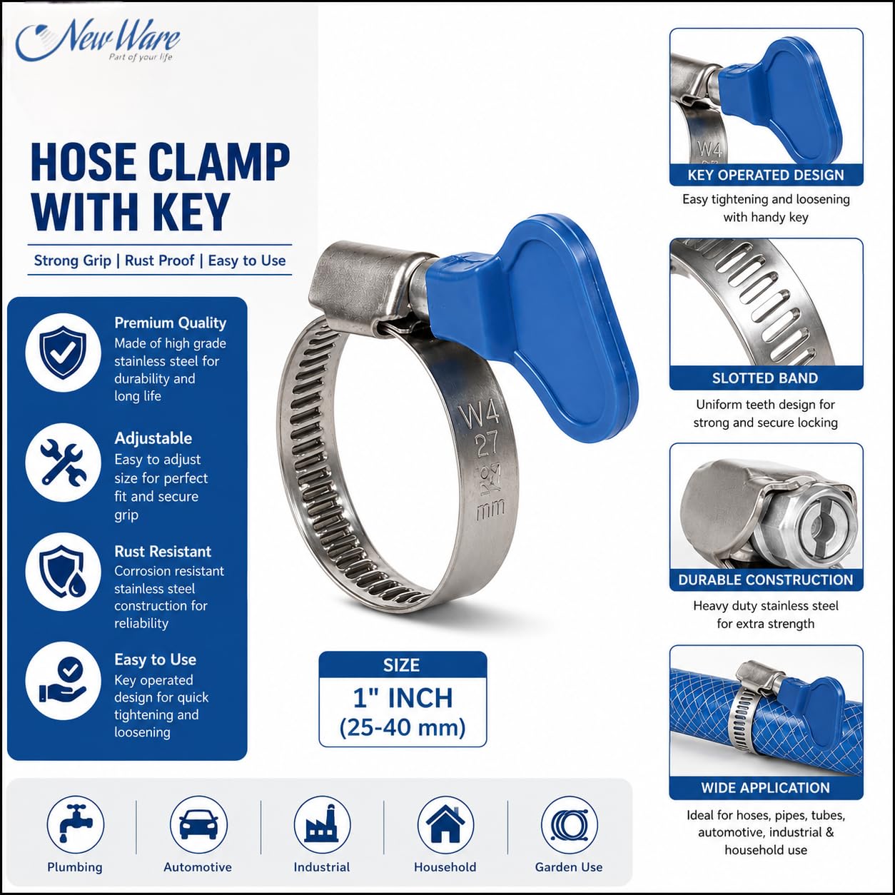 NEW WARE Stainless Steel Hose Clamp 1/2 Inch Adjustable Pipe Clamp with Key Heavy Duty Rust Proof Fastener for Plumbing Automotive Mechanical Use Strong Grip Hose Clip Pack of 6 Pieces Set Durable