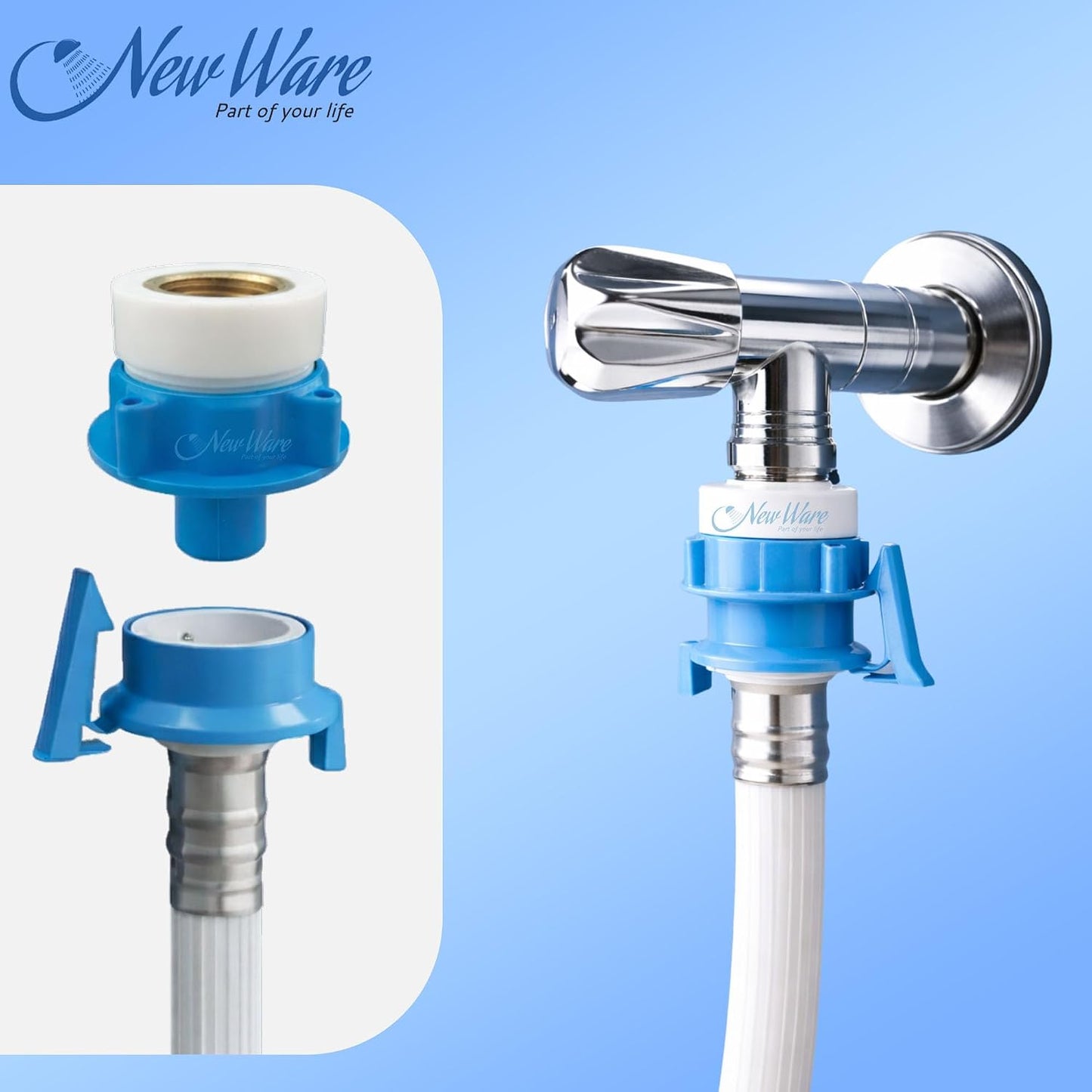 New Ware® Universal Washing Machine Tap Adapter Connect for Inlet Hose Pipe - Easy Installation, Leak-Proof Blue Tap Connector for Most Standard Taps and Faucets (Pack of 2)