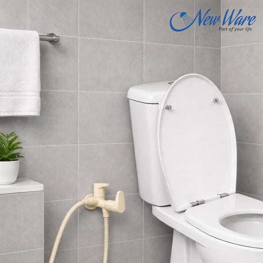 New Ware PVC 2 in 1 Bib Cock Tap with Wall Flange Dual Outlet Water Tap for Bathroom Kitchen Utility Ivory Wall Mounted Faucet Washing Machine Hose Compatible Leak Proof Heavy Duty Durable Design