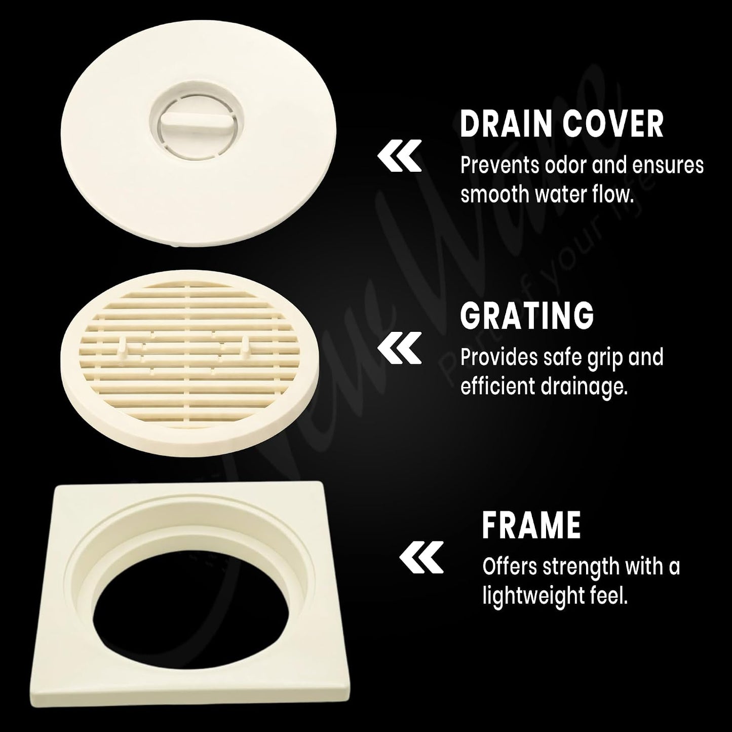 NEW WARE® 6x6 Inch PVC Square Floor Drain Cover White | Bathroom Kitchen Jali Strainer, Anti-Clog Waste Drain Grating, Hair Catcher Shower Drain Trap Cover for Balcony Utility Wash Area Home Use
