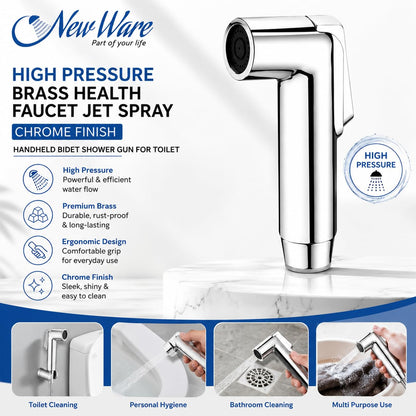 New Ware High Pressure Brass Health Faucet Jet Spray for Bathroom & Toilet, Chrome Finish Handheld Bidet Shower Gun, Leak Proof Hygienic Toilet Spray, Heavy Duty Bathroom Accessory, Pack of 1