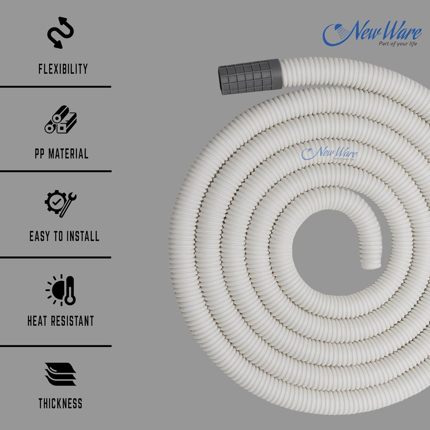 New Ware® 5 Meter Multipurpose Hose Pipe | Drain Pipe | Extenstion Pipe for AC Outlet Drain Water - Pack of 1 (White)