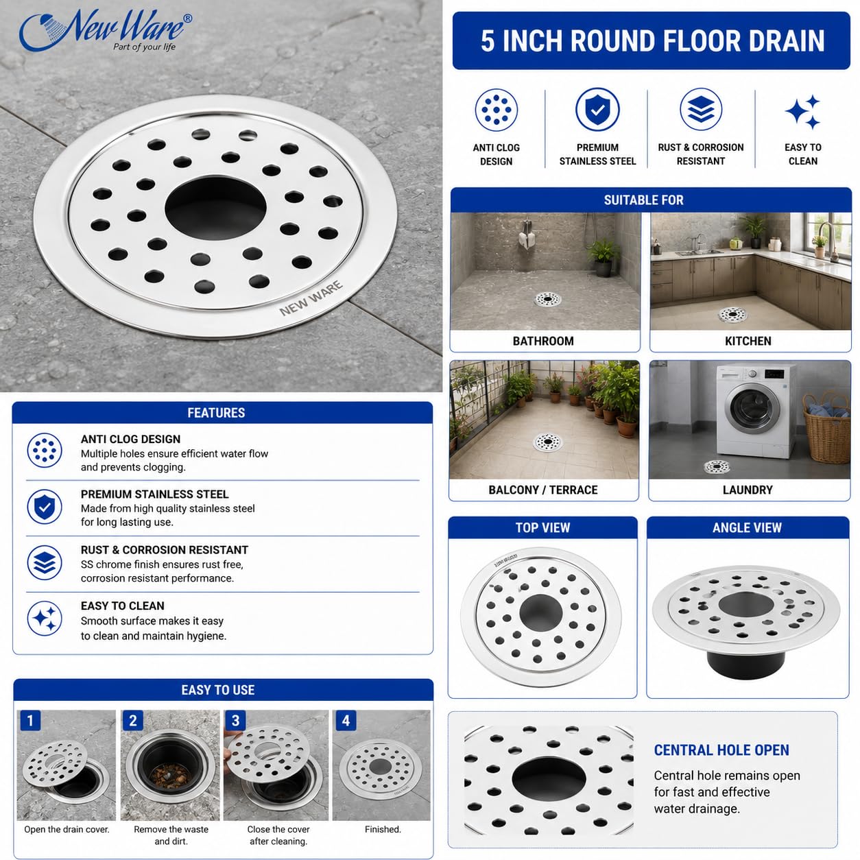 NEW WARE® 5 Inch Round Stainless Steel Floor Drain with Central Hole & Lock | Heavy Duty Anti Clog Chrome Finish SS Drain Jali for Bathroom, Kitchen, Balcony, Utility, Terrace & Outdoor Drain Cover
