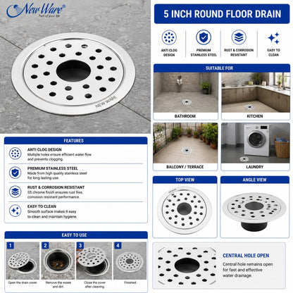 NEW WARE® 5 Inch Round Stainless Steel Floor Drain with Central Hole & Lock | Heavy Duty Anti Clog Chrome Finish SS Drain Jali for Bathroom, Kitchen, Balcony, Utility, Terrace & Outdoor Drain Cover