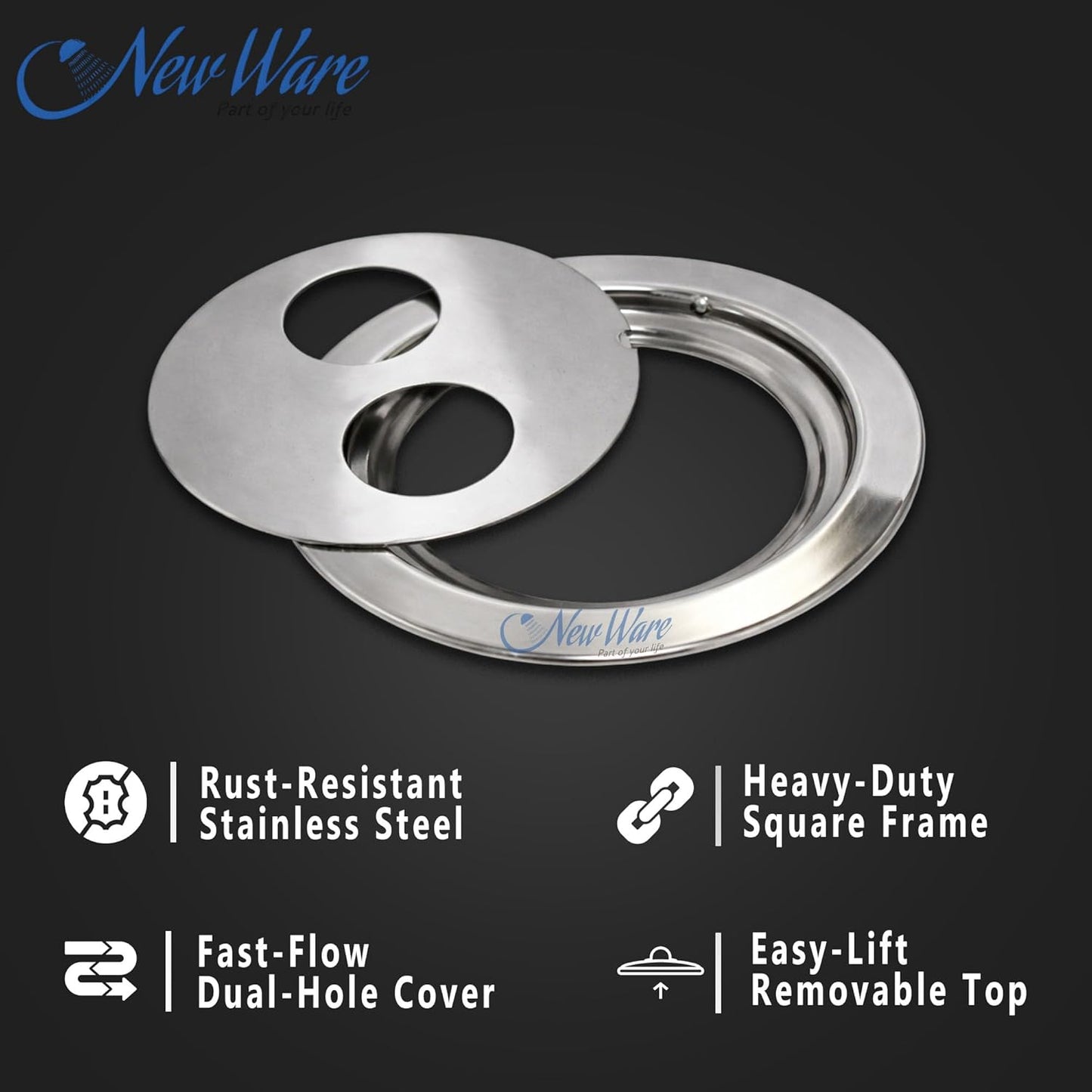 NEW WARE® Round Stainless Steel Bathroom Jali/Trap with Double Hole | Chrome Finish Water Drain Locking Grating | Rust-Resistant Floor Drain Cover