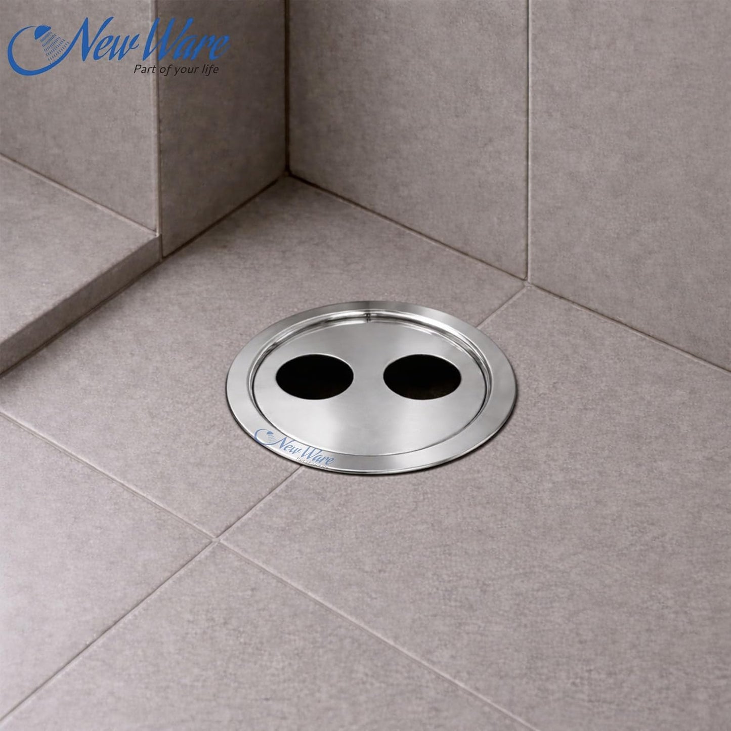 NEW WARE® Round Stainless Steel Bathroom Jali/Trap with Double Hole | Chrome Finish Water Drain Locking Grating | Rust-Resistant Floor Drain Cover