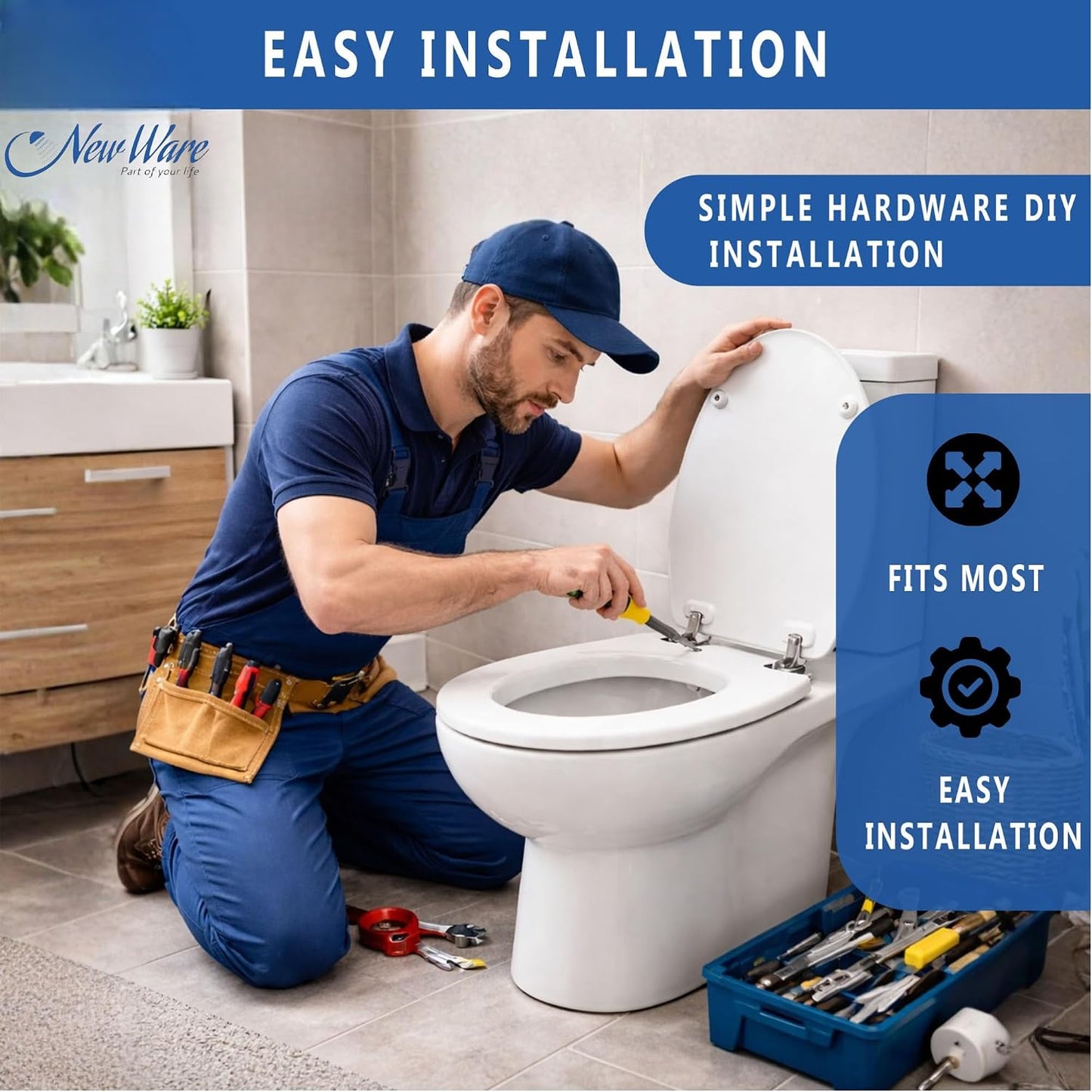 NEW WARE PVC Plastic Toilet Seat Cover Hinges CERA Type Round Long Clamp WC Seat Fixing Hinges Durable Rust Free Bathroom Fittings Easy Install Toilet Seat Hinge Set White Pack of 1 Set Use Fit