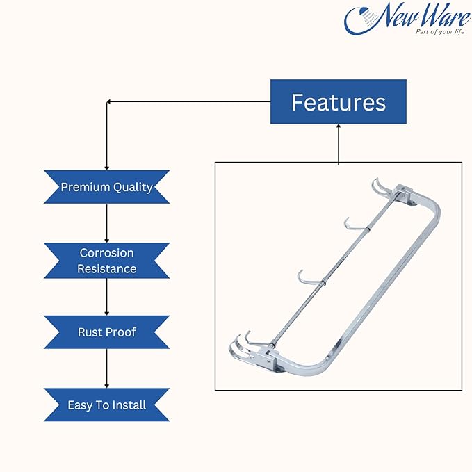 New Ware 22 Inch Stainless Steel CP Single Stand Folding Towel Hanger/Rack for Bathroom- Wall Mount Towel Rod/Stand with 3 Bathrobe Hook- Towel Rod for Bathroom/Kitchen/Home