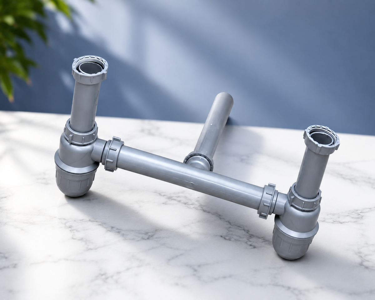 NEW WARE Grey PVC 2-Way Bottle Trap Set for Double Kitchen Sink | Dual Drain Waste Pipe Connector for Basin & Sink