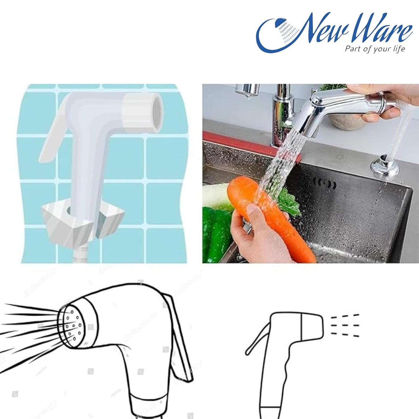 New Ware® Health Faucet Gun | ABS Hand Jet Bidet Spray Head for Bathroom & Toilet | Chrome Finish (Conti Type)