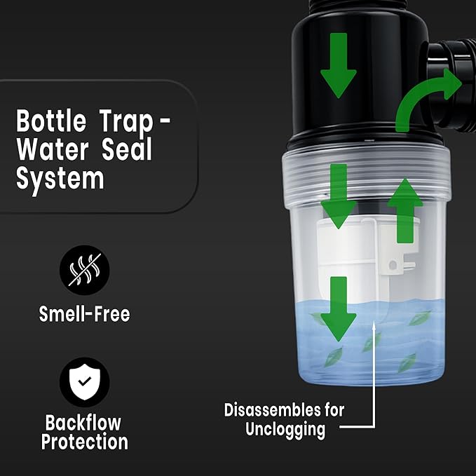 New Ware PVC Bottle Trap With Waste Outlet Pipe for Kitchen Sink-Wash Basin-Transparent Bottle Trap for easy Cleaning-Flexible 9"inch PVC Pipe with Extend length of 25"Inch-Odor-Less rubber-Down Comer