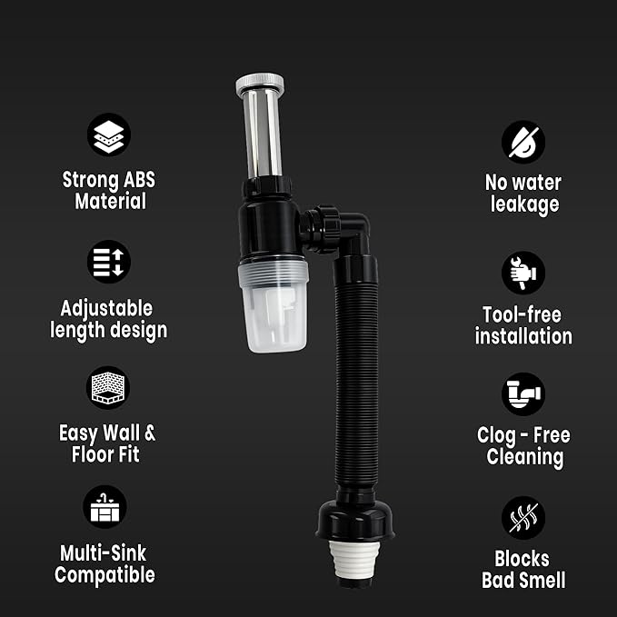 New Ware PVC Bottle Trap With Waste Outlet Pipe for Kitchen Sink-Wash Basin-Transparent Bottle Trap for easy Cleaning-Flexible 9"inch PVC Pipe with Extend length of 25"Inch-Odor-Less rubber-Down Comer