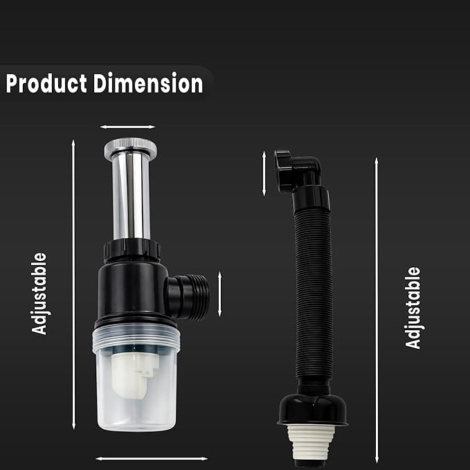 New Ware PVC Bottle Trap With Waste Outlet Pipe for Kitchen Sink-Wash Basin-Transparent Bottle Trap for easy Cleaning-Flexible 9"inch PVC Pipe with Extend length of 25"Inch-Odor-Less rubber-Down Comer