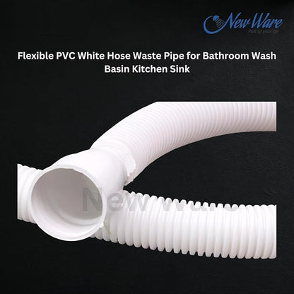 NEW WARE® Flexible PVC White Hose Waste Pipe for Bathroom Wash Basin Kitchen Sink Heavy Duty 1 1/4" Drain Hose/Outlet Tube Connector