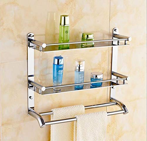 NEW WARE Stainless Steel Double Layer Shelf with Towel Rod - Multipurpose Bath Shelf Organizer - Chrome Finish