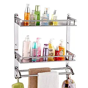 NEW WARE Stainless Steel Double Layer Shelf with Towel Rod - Multipurpose Bath Shelf Organizer - Chrome Finish