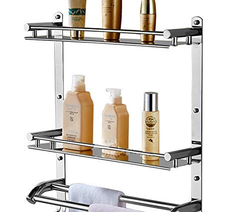 NEW WARE Stainless Steel Double Layer Shelf with Towel Rod - Multipurpose Bath Shelf Organizer - Chrome Finish