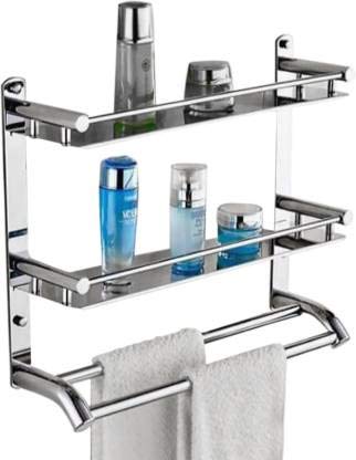 NEW WARE Stainless Steel Double Layer Shelf with Towel Rod - Multipurpose Bath Shelf Organizer - Chrome Finish