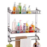 NEW WARE Stainless Steel Double Layer Shelf with Towel Rod - Multipurpose Bath Shelf Organizer - Chrome Finish